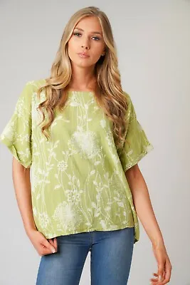 Ladies Italian Quirky Lagenlook Floral Linen Mix Lightweight Casual Short Top • £13.99