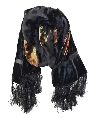 Women's OS Floral Black Velvet Burnout Long Rectangle Shawl Finge 100% Silk • $20.43