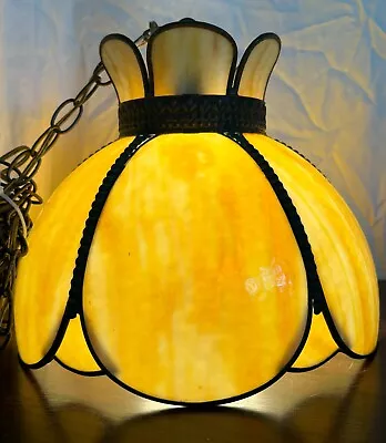 Vtg Slag Stained Glass Swag Lamp 6 Petals Cream Caramel Swirl Hanging Pendant • $65