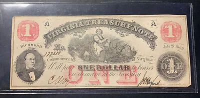 1862 $1 Virginia Treasury Note  Confederate Civil War Note • $49.99