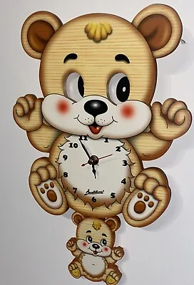 Cute Childs Bartolucci Teddy Bear Wooden Wall Clock Moving Eyes Pendulum Baby • $19.90