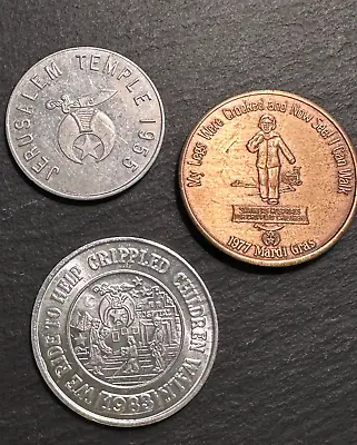 Three Vintage Shriner Token Coins - Jerusalem Temple '55 Mardi Gras '77 '83 • $25.65