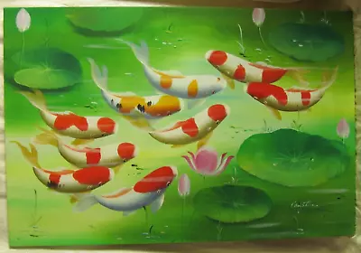 Koi Fish Lily Pads Painting Canvas Original Oil Painting Signed 24x 36  Compton • £58.20