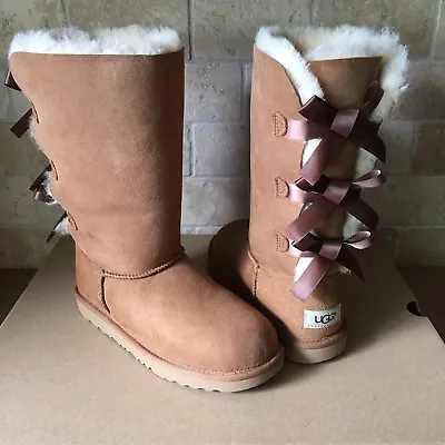 UGG Bailey Bow Triplet Triple II Chestnut Suede Tall Boot Youth Girl Kids US 13 • $118.99