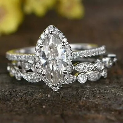 Marquise 3.50Ct Simulated Diamond Wedding Ring Trio Set 14k White Gold Size 8.5 • $329.88