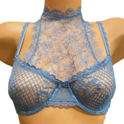 Victorias Secret Designer Collection Halter High Neck Unlined Lace Bra Blue New • £43.38