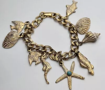 $24 • Buy Chunky Charm Bracelet Gold Tone Beach Themed Shells Sea Horse Fish Starfish