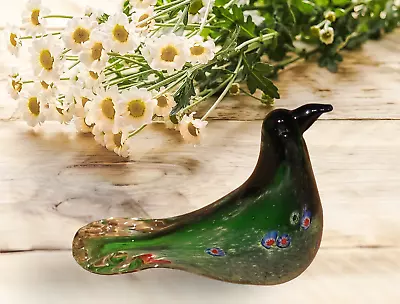 Murano Glass Bird Figure 6  Green & Clear Glass Tail With Flowers With Sticker • $35