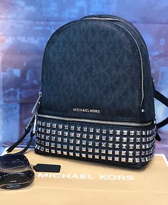 MICHAEL Michael Kors Signature Monogram Rhea Medium Logo Studded Backpack Black • $299