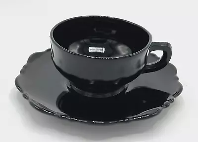 Mt Pleasant Black Amethyst Glass Cup & Saucer Set L E Smith Depression Era A • $27