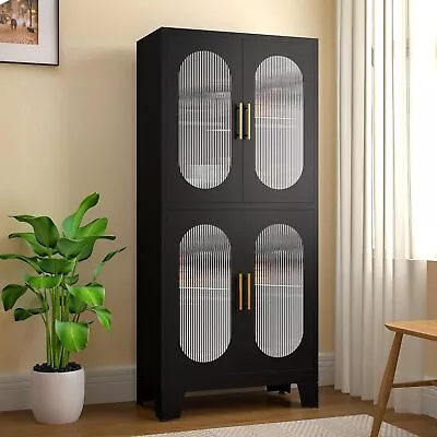 61  Metal Pantry Cabinet Kitchen Storage Cabinets With Acrylic Glass Doors Black • $198.72