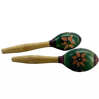 Vtg Wooden Hand Carved Hand Painted Floral Pair Of Maracas 6  Musical Insturment • $22.95