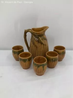 Rare Griffin Smith Hill Etruscan Majolica 71/4  Corn Pitcher Cup Set Vintage • $119.99