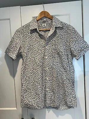 Uniqlo 100% Cotton Floral Unisex Mens Shirt Button Up Medium Blue Short Sleeve • £6.50