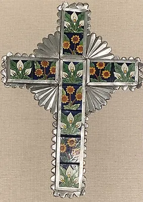 15  Handmade Folk Art Tile & Metal Cross Wall Hanging Cala Lily Sunflower Tiles • $39.99