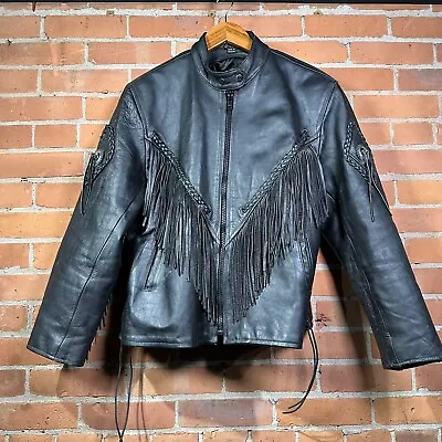 Vintage Unik Biker Motorcycle Jacket Womens XL Black Leather Fringe Full Zip  • $74.99