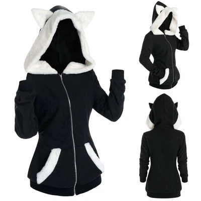 $48.95 • Buy Plush Cat Ears Contrast Stitching Hooded Plush Sweater For Womens