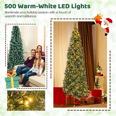 9 FT Pre-Lit Christmas Tree Slim Pencil Hinged W/ 500 Lights & 1298 Branch Tips • $79.98