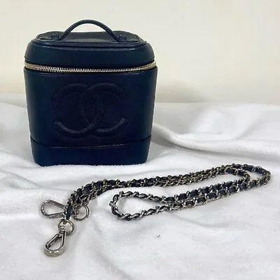 $1111 • Buy Vintage Chanel Black Caviar Vanity Bag With Leather Strap Caviar Skin