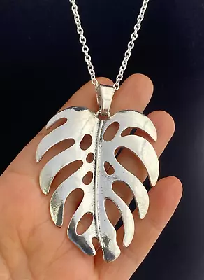 A Tibetan Silver Large Tree Leaf Pendant Charm 80x55mm 30  Long Chain Necklace • £6.99