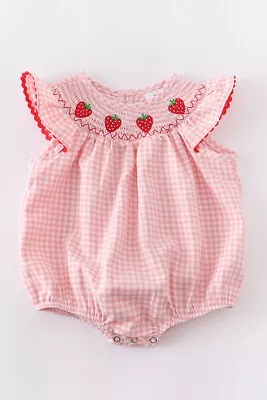 Boutique Strawberry Smocked Baby Girls Pink Bubble Romper Jumpsuit • $17.99