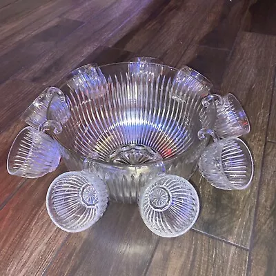 Vintage Indiana Glass Colony STARLIGHT Punch Bowl Set Vertical Ribbed • $45