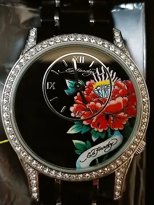 Ed Hardy Womens Roses Rhinestones Quartz Analog Watch JA-BK0399 SS CASE With Box • $49.99