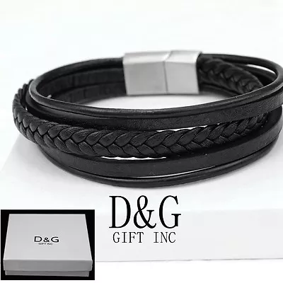 DG Men's 8.5  Silver Stainless Steel.Black-Braided LeatherMagnetic.Bracelet*BOX • $17.99