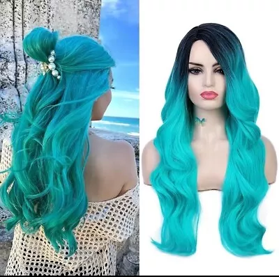 28” Ombré Dark Roots With Teal Wavy Mermaid Wig • $50