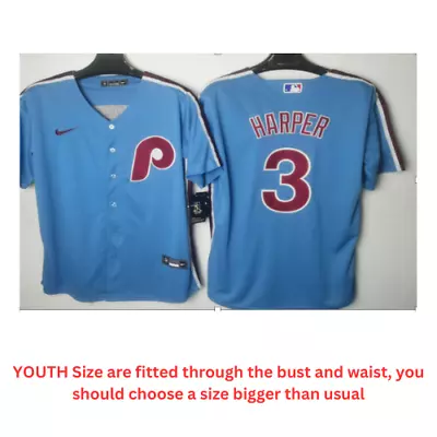 YOUTH Light Blue Bryce Harper #3 Philadelphia Phillies Jersey All Stitched • $37.49