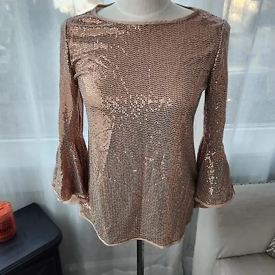 Vince Camuto Sparkle Sequin Top Women's Small Rose Gold (flaw) Bell Sleeves B2 • $13.29