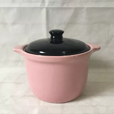 Vintage Bake Oven Bean Pot Pink W Black Lid Casserole Cronin Pottery Farm MCM • $39.99