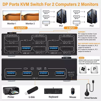 Dual Monitor HDMI DisplayPort KVM Switch 4K 60Hz 2X2 USB DP Switcher 2 Computers • $107.16