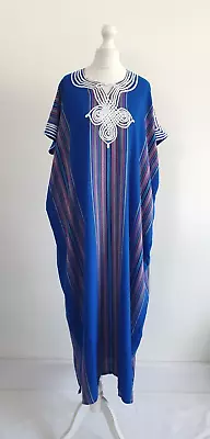 Handmade Moroccan Kaftan Beach Cover Up One Size Blue Multi Coloured Stripes • $24.90