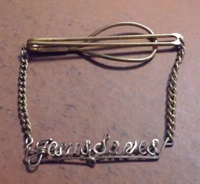 JESUS SAVES Vintage Tie Clip Bar W/ Hang Chain Cursive Twisted Metal Sign 2.5  • $8