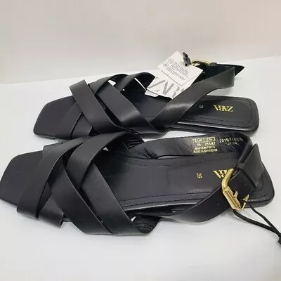 Zara Strappy Leather Sandals Black Size 8 | 2519/110/800 • $80