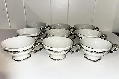 $100 • Buy Hertel Jacob Bavaria Germany Porcelain Applied Silver Overlay 8 Teacups & Saucer