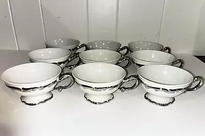 $100 • Buy Hertel Jacob Bavaria Germany Porcelain Applied Silver Overlay 8 Teacups & Saucer
