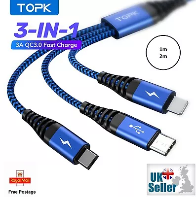 3 In 1 Fast Charging 3A USB Cable Charger Phone Type-C Micro USB IOS  ALL Phones • £5.99