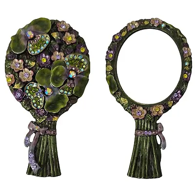 Enamel Vanity Hand Mirror Rhinestone Crystal Flower Fairy Bouquet Lavendar Mini • $36.99