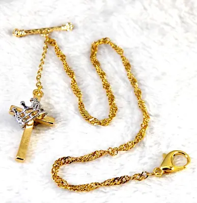 Antique Pocket Watch Chain 10  18K Gold Plated  T  Bar Lobster Claw & Charm • $12.99