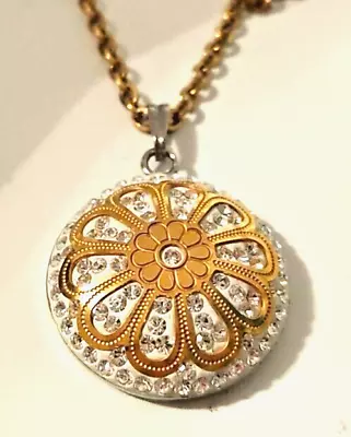 Signed Milor Gold Tone Stainless Steel China Rhinestone Mandala 20” Necklace • $26.50