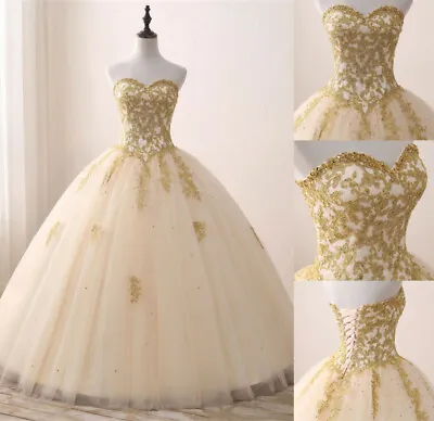 $109.99 • Buy Ball Gown Quinceanera Dress Gold Appliques Pageant Prom Sweet 15 16 Party Dress