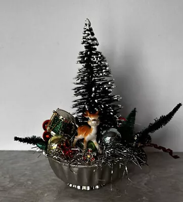 Vintage Christmas Decor 7” Bottle Brush Tree With Ornaments Tin Cup Base • $17.50