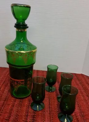 Vintage Green Gold Mid Century Modern MCM Liquor Set Decanter Stopper 4 Glasses • $48