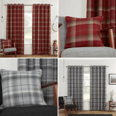 Grey Carnoustie Tartan Check Woven Check Blackout Lined Eyelet Ring Top Curtains • £63.99