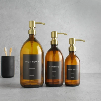 £8.99 • Buy Amber Glass Labelled Bottle With Gold/Brass Dispenser Pump For Soap/Shampoo