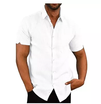 Mens Cotton Linen Shirts Summer Short Sleeve Casual Buttons T Shirt Tops Size US • $18.49