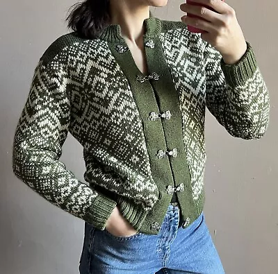 Vintage 100% Wool Green Fair Isle Thick Knit Cardigan Size 10 • £33