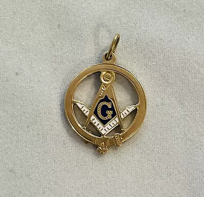 14K Yellow Gold Enamel Mason Freemason Masonic Charm Pendant • £337.80